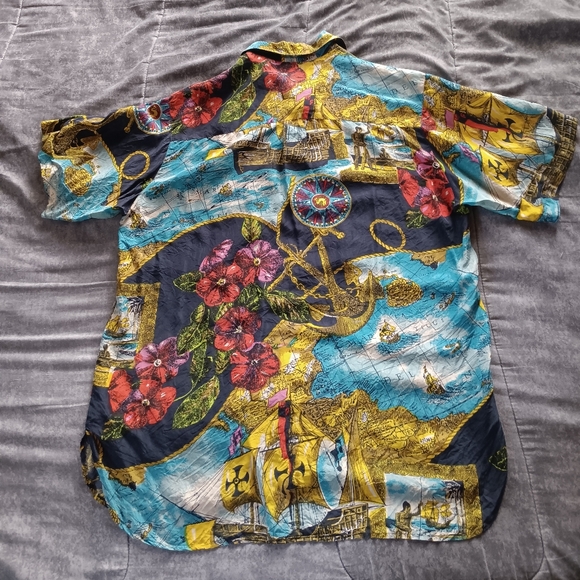 Silk Club Shirt Button Up sailor Print Size Mens Large 100% Silk - Picture 2 of 2